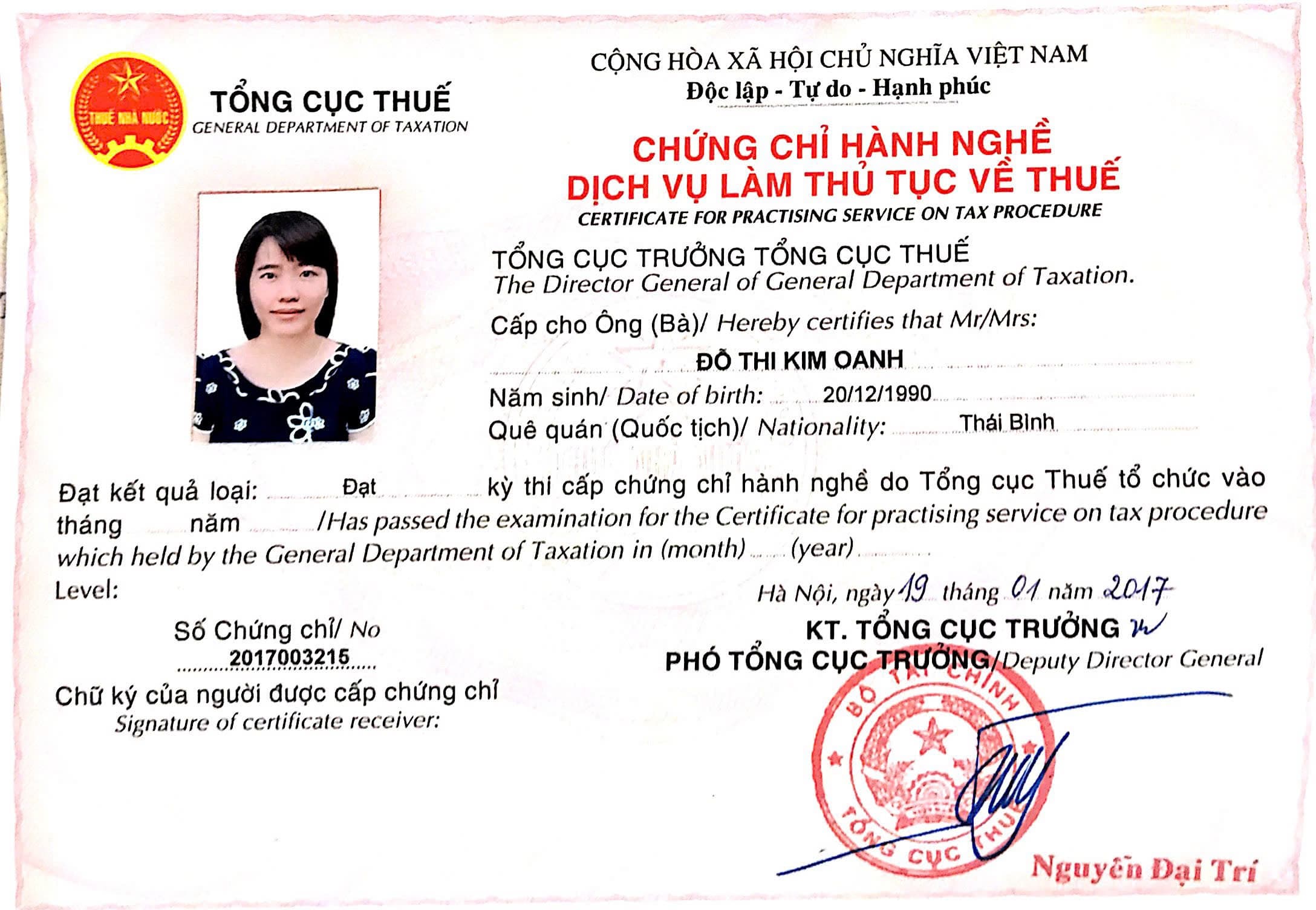 Chứng chỉ hành nghề thuế của Đỗ Thị Kim Oanh